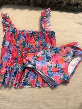 Girls Floral Two-Piece Swim Set - Pink & Blue